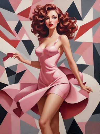 The image depicts a woman with red hair wearing a pink dress and holding a red ribbon. The background features a geometric pattern of black triangles and white rectangles.