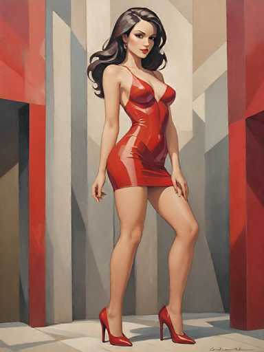The image depicts a woman wearing a red dress and high heels standing against the backdrop of a gray wall with vertical lines running across it. The woman is positioned centrally within the frame, facing towards the right side of the image.