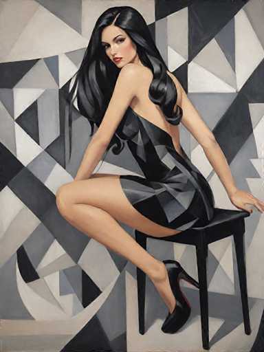 The image depicts a woman sitting on a black stool with her legs crossed and her arms resting on the back of the stool. She is wearing a black dress that features a geometric pattern. The background consists of a white wall adorned with black triangles arranged in a zigzag pattern, creating an abstract backdrop for the scene.