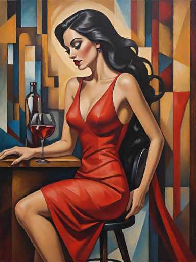 The image depicts an abstract painting featuring a woman wearing a red dress and holding a glass of wine at a bar setting. The background is a mix of blue and orange colors with geometric shapes, creating a visually striking composition that draws the viewer's attention to the central figure in the scene.