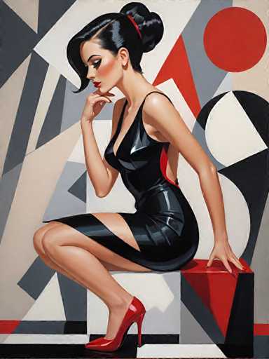 The image depicts a woman sitting on a red box with her legs crossed and her hands resting on her lap. She is wearing a black dress that contrasts with the vibrant red of the box she's sitting on. The background features a geometric pattern in shades of gray and white, adding an artistic touch to the scene.