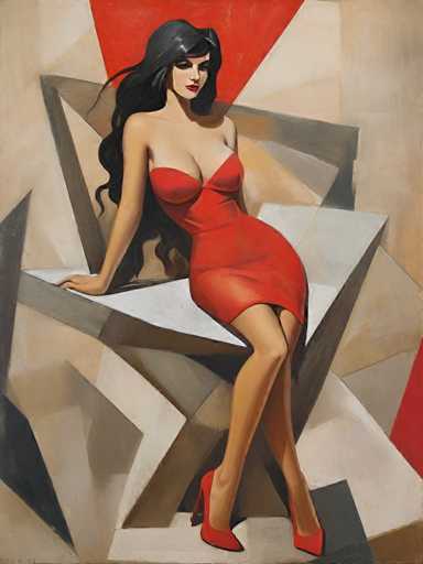 The image depicts a woman wearing a red dress and high heels sitting on a white platform with her legs crossed. The background features a geometric pattern of red and gray shapes.