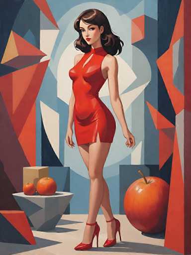 The image depicts a woman wearing a red dress and high heels standing in front of an orange sculpture on a blue background with geometric shapes.