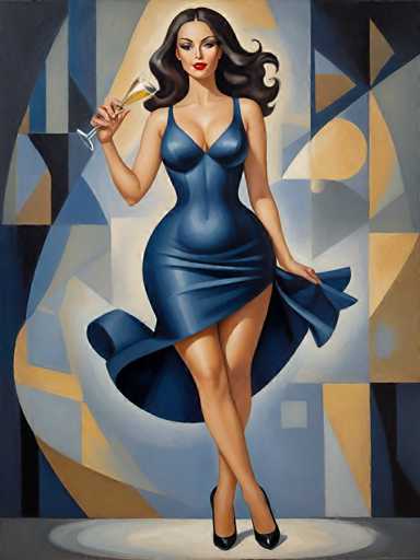 A woman is standing on a stage holding a glass of champagne and wearing a blue dress with a low neckline and a skirt that flows out behind her. The background features geometric shapes painted in shades of blue and yellow.