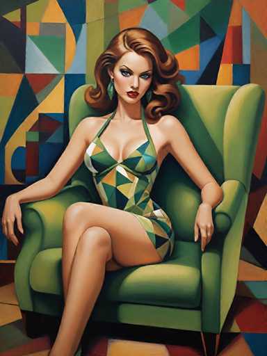 A woman with long brown hair is seated on a green armchair against a colorful abstract background featuring geometric shapes and patterns in shades of blue, red, yellow, and orange.