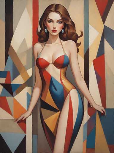 The image depicts a woman wearing a colorful dress with red and blue stripes on the bodice and yellow and orange stripes on the skirt. The background features geometric shapes in shades of red, blue, green, and white.
