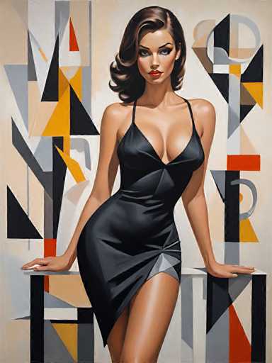 The image depicts a woman wearing a black dress with a high neckline and a halter neckline, standing against a geometric patterned background that includes triangles of varying sizes and colors. The woman is positioned in front of the pattern, facing towards the right side of the image.