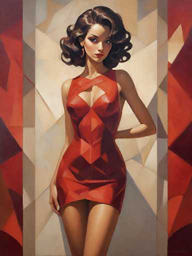 The image depicts a woman wearing an elegant red dress with a geometric pattern on the bodice and skirt. The background features a beige wall adorned with a geometric pattern of triangles and rectangles in shades of red and white.