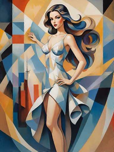 The image depicts an abstract painting featuring a woman with long hair and blue eyes wearing a white dress. The background is a geometric pattern of red, orange, yellow, green, and blue colors.