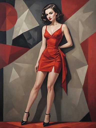 A woman is standing against a backdrop featuring geometric shapes and lines in shades of red and black. She is wearing an elegant red dress with a high neckline and a bow at the waist. The woman's pose suggests she is posing for a portrait or photograph.