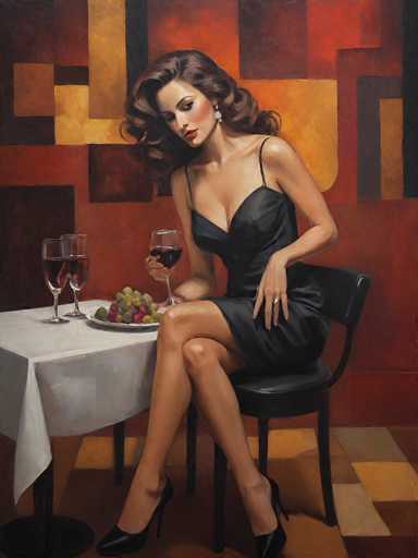 The image depicts a woman sitting at a table with two wine glasses and a plate of grapes on it. The painting is done in an impressionist style, characterized by loose brushstrokes that capture the essence of light and color rather than precise details.