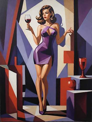 A woman is standing in front of a window with her arms outstretched and holding a glass of wine. The painting features a geometric abstract style with bold colors of purple, red, and white.