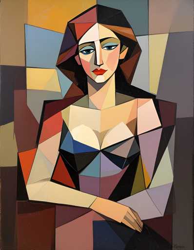 The image depicts an abstract painting featuring a woman with long hair and red lips wearing a blue dress. The painting is done in a geometric style using various shapes and colors such as triangles, rectangles, and circles to create the overall composition.