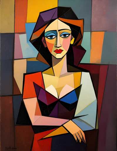 The image depicts an abstract painting featuring a woman with a triangular head and body. The colors used are predominantly blue, purple, orange, and pink, creating a vibrant and dynamic composition. The style of the artwork is geometric, characterized by its use of geometric shapes and lines to create a sense of order and balance within the piece.