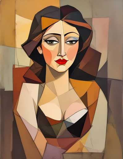 The image depicts an abstract portrait of a woman with a black and white color scheme. The woman is shown from the shoulders up, wearing a black top that contrasts with her brown hair. Her face features a neutral expression, and she has dark eyes. The background is a light beige color, providing a subtle contrast to the darker elements in the foreground.