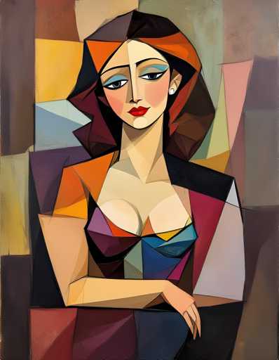 The image depicts an abstract painting featuring a woman with red hair and a black dress. The painting is done in a geometric style, characterized by the use of shapes and colors that create a sense of depth and dimensionality. The artist's signature can be seen at the bottom right corner of the canvas.