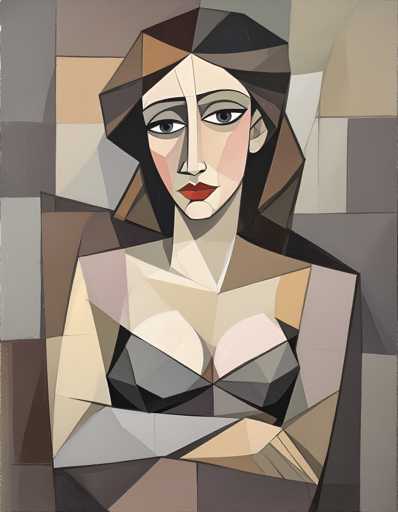 The image depicts an abstract painting featuring a woman with dark hair and red lipstick. The woman is depicted in a cubist style, characterized by geometric shapes and bold colors. The background of the painting consists of gray squares arranged in a grid-like pattern, creating a sense of depth and dimensionality to the artwork.