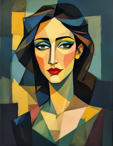The image depicts an abstract portrait of a woman with long brown hair and striking red lips. The painting is done in a geometric style, characterized by the use of bold colors and shapes to create a visually striking piece.