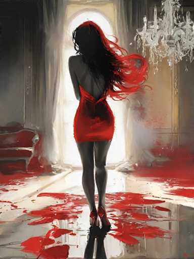 A woman wearing a red dress stands alone on a white floor with blood stains, facing away from the camera and looking towards an open doorway that leads out of the room.