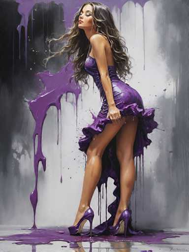 The image depicts a woman wearing a purple dress with a long train and high heels standing against a gray wall that is dripping with purple paint. The woman's hair is styled in loose waves, adding to the overall elegance of her appearance.