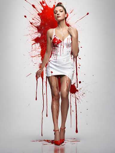 A woman is standing on a white background with red splatters around her feet and hands. She is wearing a white dress that has red paint splattered across it. The woman's hair is styled in an updo, and she is holding a small object in her hand.
