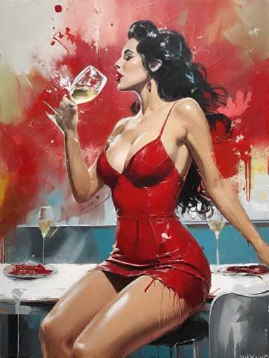 The image depicts a woman wearing a red dress and holding a glass of wine while sitting at a table with plates and glasses on it. The background is a vibrant red color, which contrasts with the white wall behind her.
