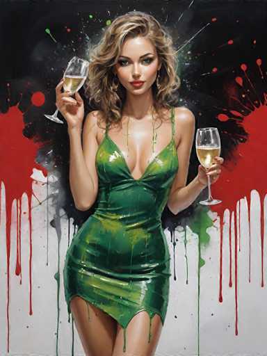 A woman is standing against a black background with red and white splatters. She is wearing a green dress that has paint dripping down the sides of it. The woman is holding two wine glasses in her hands.