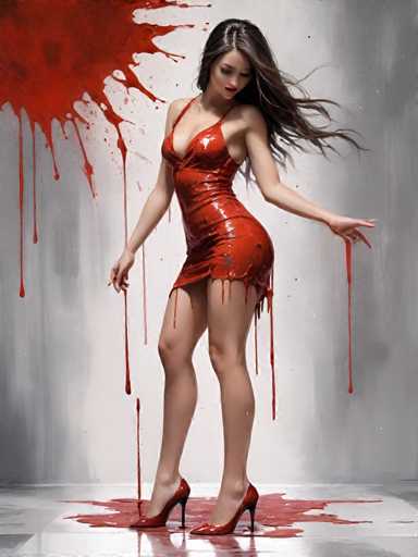 A woman wearing a red dress with blood splatters on it stands in front of a gray wall, holding her hand up and looking down at the floor.