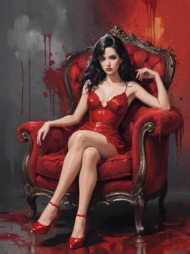 A woman is seated on an ornate red chair with gold accents and a red velvet seat cushion. She is wearing a red strapless dress that contrasts with the dark background of the image. The chair has a high backrest and armrests, adding to its regal appearance. The room around her features splatters of red paint on the walls, creating an atmosphere of mystery and intrigue.