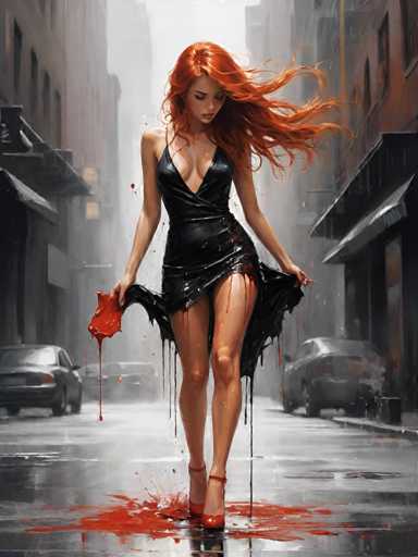 A woman with red hair and a black dress is walking down a city street on a rainy day, holding a red purse that has been splattered with paint.