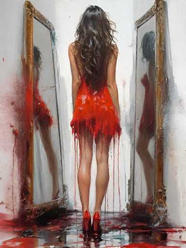 The image depicts a woman standing in front of two mirrors, one on each side of her body. She is wearing a red dress and high heels that appear to be splattered with blood. The room has white walls and a gray floor, creating an eerie atmosphere.