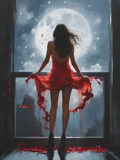 A woman stands on a balcony with her back turned towards the viewer, wearing a red dress and holding onto the railing as she gazes out at the night sky. The balcony is situated in an urban setting, with buildings visible in the background under a full moon.