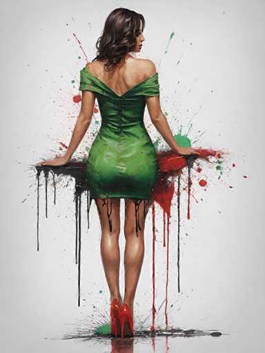 The image shows a woman standing against a white background with black splatters on it. She is wearing a green dress and red heels. The woman's back is turned towards the viewer, but her left hand is resting on a railing.