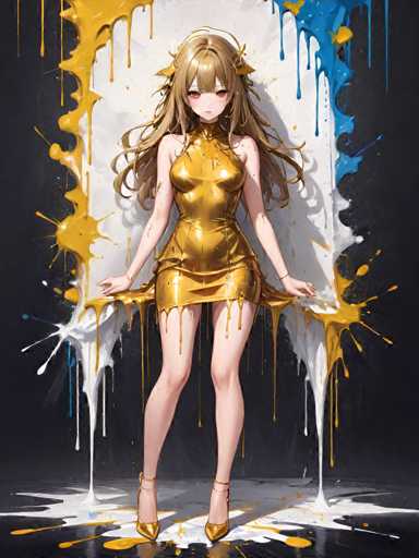 A woman with long blonde hair is standing on a black surface and wearing a gold dress that has yellow paint dripping down the sides of it. The background features splatters of blue and white paint, creating an abstract art style.