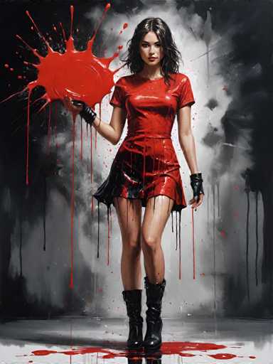 The image depicts a woman wearing a red dress and black boots standing on a white surface with red paint splatters around her feet. The background is dark gray, creating a stark contrast that highlights the woman's figure.