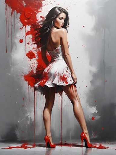 The image depicts a woman wearing a white dress with red paint splatters on it and high heels. The background is a gray wall with red paint splatters falling from the top left corner of the image.