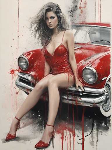 A woman is seated on top of a red car with her legs crossed and wearing a red dress that matches the color of the car's exterior. The car has white tires and chrome accents, adding to its vintage appeal.