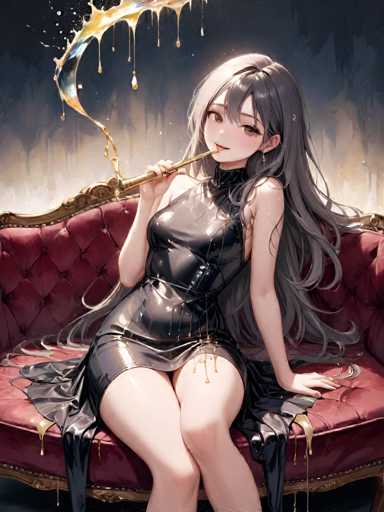A woman with long gray hair is sitting on a red couch and holding an umbrella that has gold drips from it. She is wearing a black dress and her hair is styled in loose waves. The background of the image is dark and features a painting style with splatters of yellow paint, giving the impression of a rainy day or a sunset.