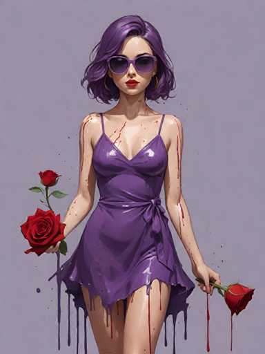 A woman with purple hair and a purple dress is holding two red roses against a gray background.
