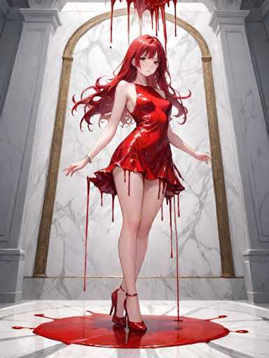 A woman with red hair and a red dress is standing on a white marble floor, surrounded by red paint splatters that appear to be falling from the ceiling.