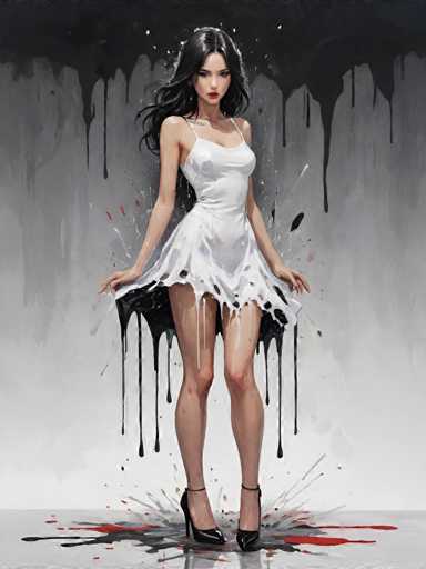 The image depicts a woman wearing a white dress with black tears streaming down her face and spattering the floor around her. The background is a stark gray color, providing a contrast to the woman's dress and emphasizing its effect on the scene.