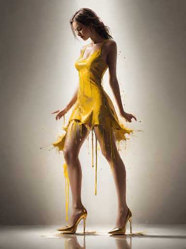 A woman is captured mid-stride on a gray floor, wearing a vibrant yellow dress with gold accents and high heels that have splattered paint onto her feet.