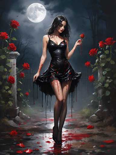 A woman dressed in a black dress with red roses on her head and hands is walking through a graveyard at night. The graveyard is filled with rose bushes that have been trampled by the woman's feet, leaving behind a trail of red petals.