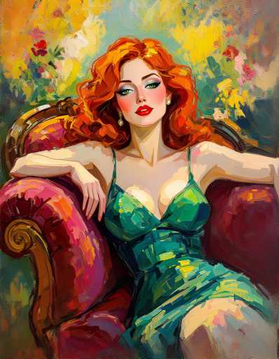 A woman with red hair is depicted in a vibrant green dress and gold earrings, sitting on the arm of a pink chair against an abstract background featuring yellow flowers and orange trees.