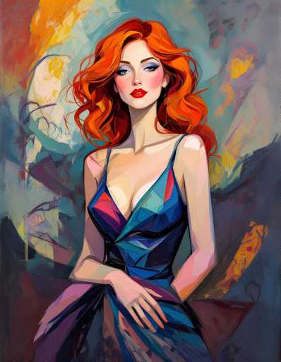 The image depicts an orange-haired woman wearing a blue dress with a purple skirt and holding a black purse. The background is a gradient of colors transitioning from yellow at the top to red at the bottom.