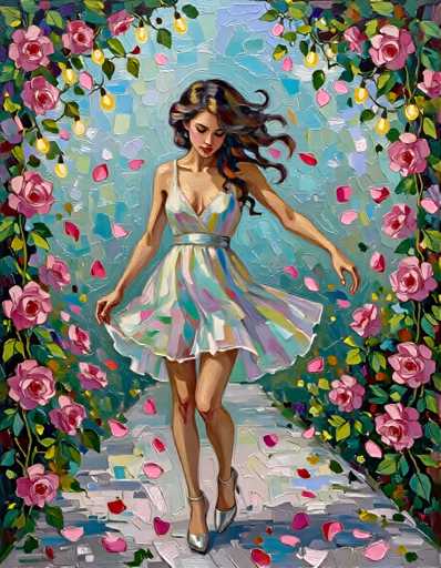 A woman is captured mid-stride on a path adorned with pink and white flowers, wearing a white dress that contrasts beautifully against the vibrant backdrop of the floral arrangement. The scene is set in an art gallery or museum, as indicated by the presence of a painting hanging above her head.