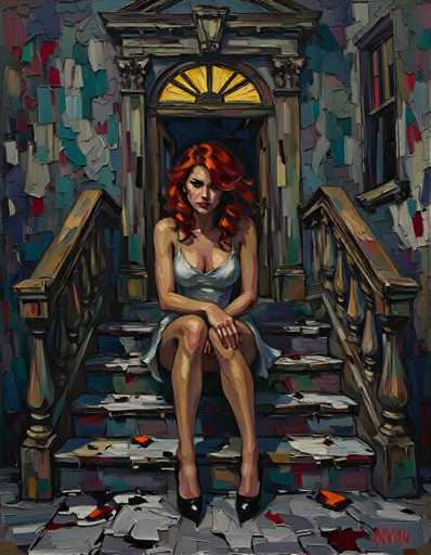 The image depicts an artist's studio with a woman sitting on a staircase railing and looking out of the window. The painting is done in an impressionist style, characterized by loose brushstrokes and an emphasis on capturing the fleeting effects of light and color over time.