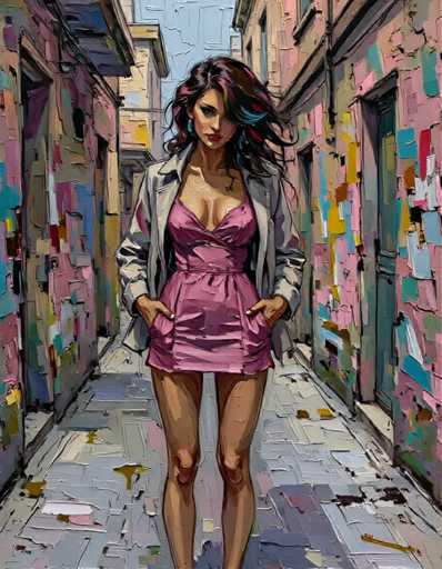 A woman is walking down an alleyway between two buildings with pink and green walls. She is wearing a pink dress and carrying a purse.