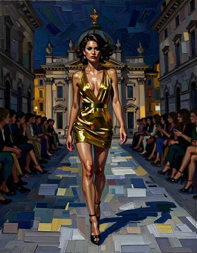 The image depicts a woman walking down a cobblestone street at night, wearing a gold dress and heels. The setting is an old town with buildings featuring ornate architecture, including a dome on top of one building. A crowd of people can be seen sitting in the background, suggesting that this scene takes place during a public event or gathering.