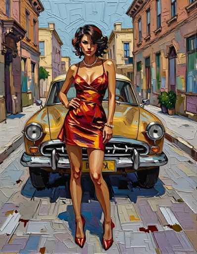 A woman dressed in a red dress stands next to an old yellow car on a city street.